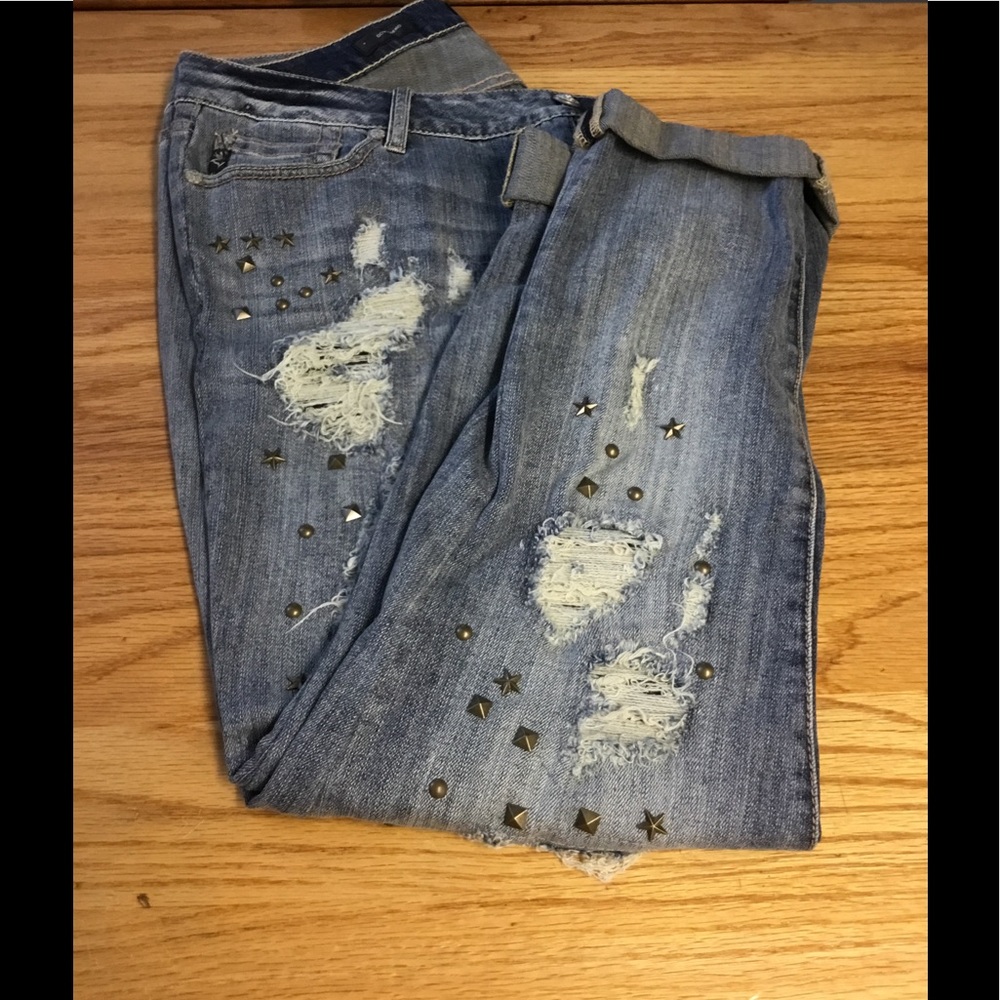 Distressed Blue Jeans with Studded Accents